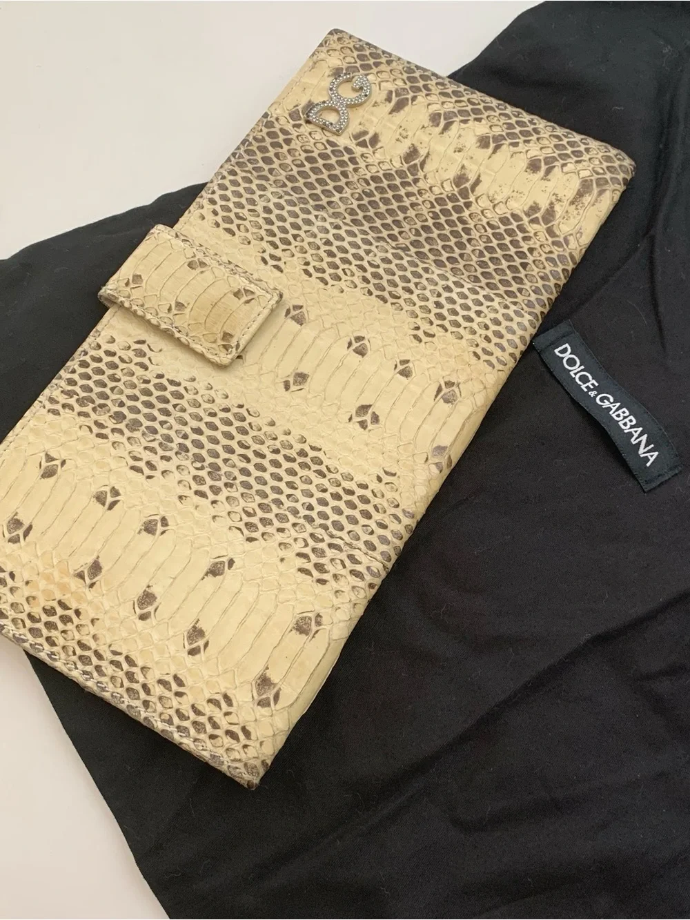 Dolce & Gabbana Beige Snake-Embossed Clutch with D&G Logo
